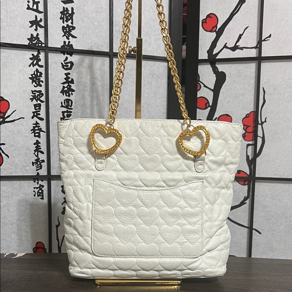 LovCat Paris White Heart Tote with Gold Accents Hardware
